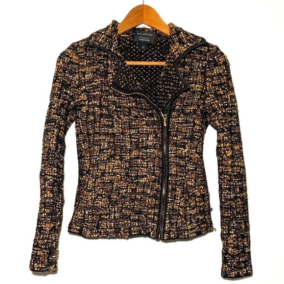 St. John Leather Trim Ribbon Wool Blend Knit Jacket Moto Gold Side Zip Size 2 - Picture 4 of 13